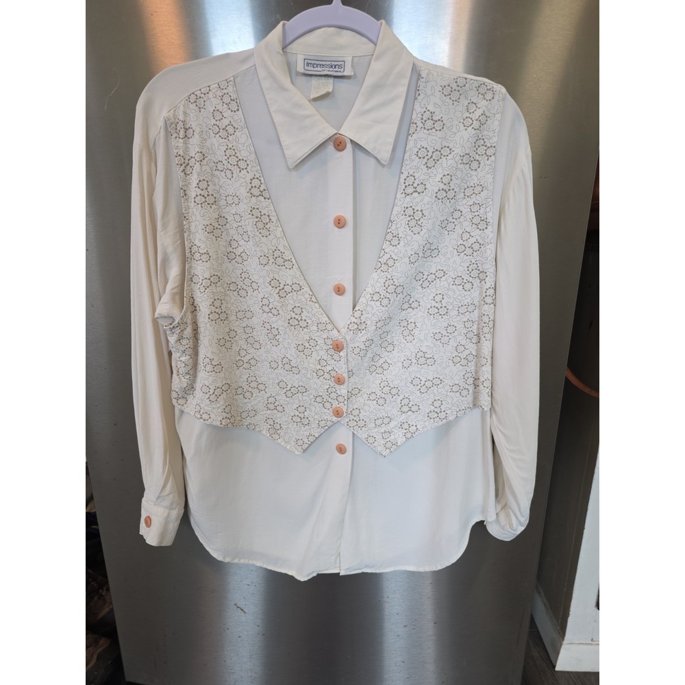 Vtg‎ Impressions of california M Blouse W/ Vest Overlay Cream Wood Buttons 90s
